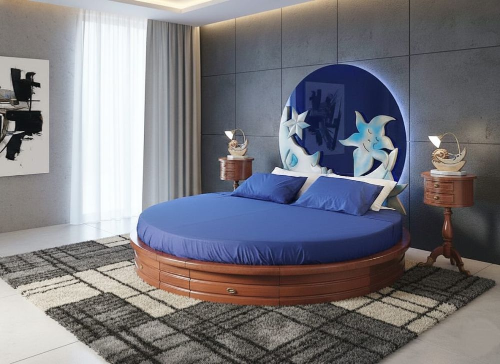 Round bed blu notte with mattress and bedside tables