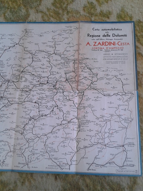 Depliant/opuscolo.a zardi-cesta. cortina d'ampezzo. carta automobilistica. mappa vintage dolomiti