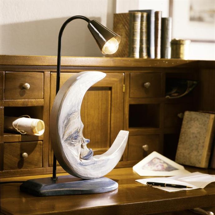 Wood lamp entirely hand carved sun and moon