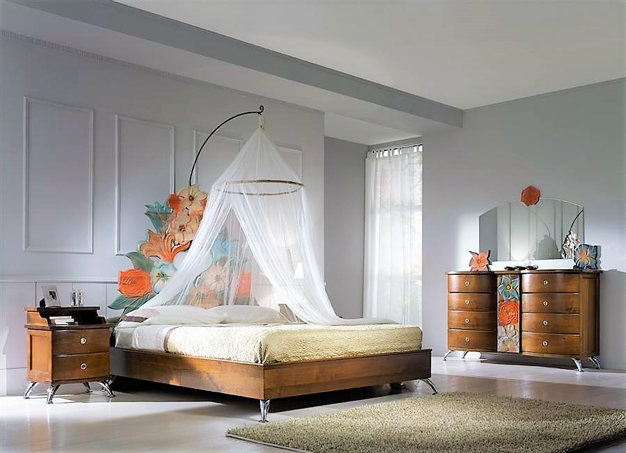 Bed fiori incantati with tester curtains bedside table