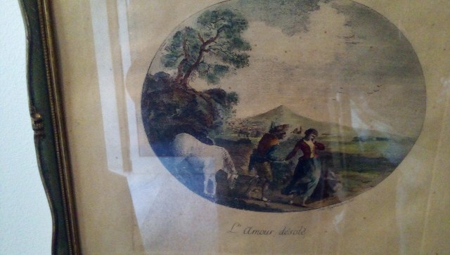 Stampa vintage paesaggio donne cavallo